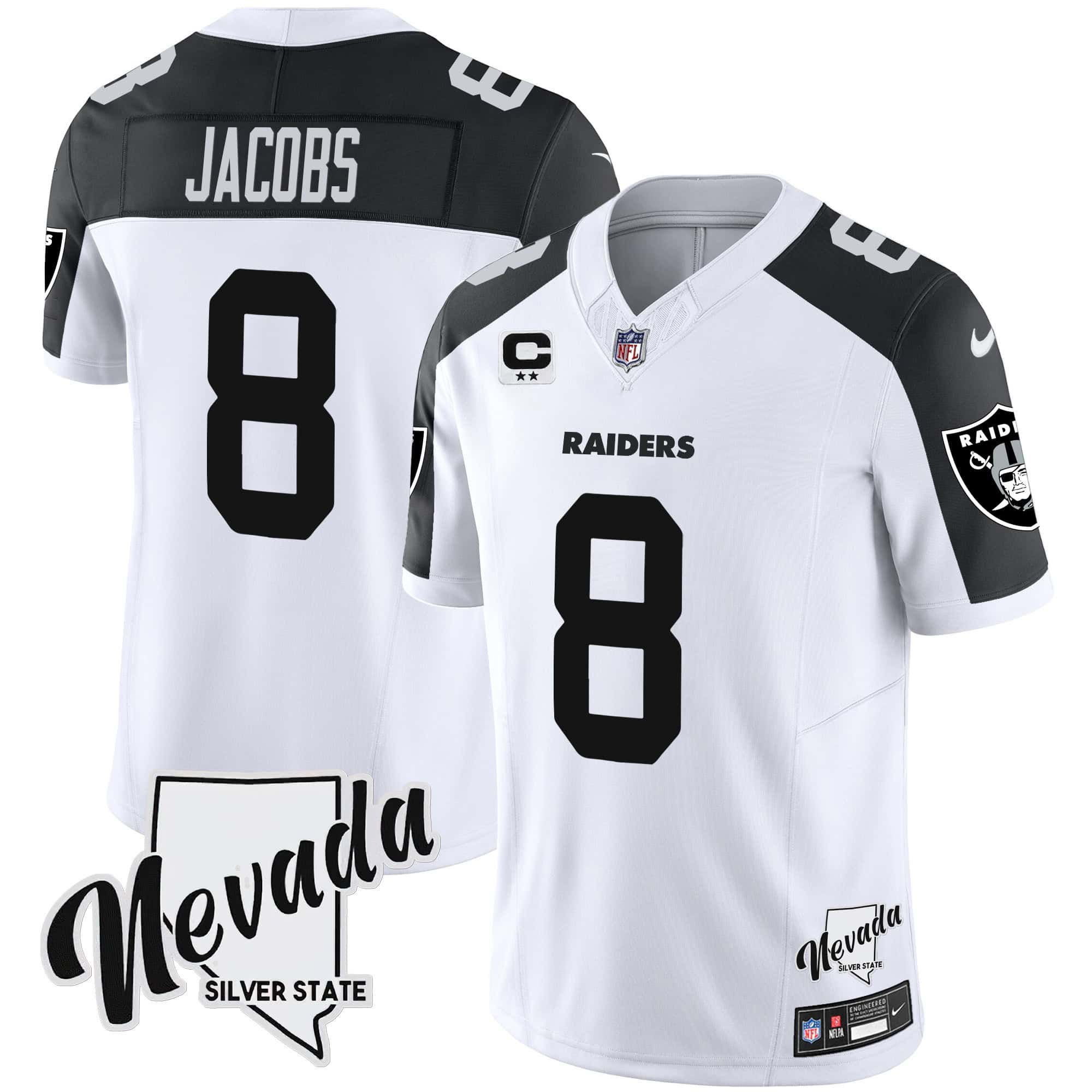 Men Oakland Raiders #8 Jacobs White 2024 Nike Nevada Silver State Patch Vapor NFL Jersey style 1